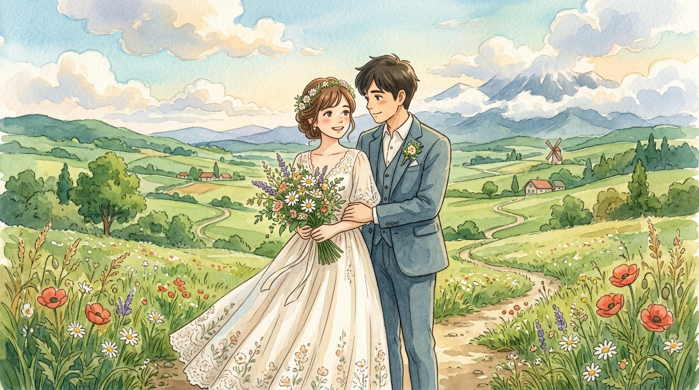 Ghibli-style wedding couple
