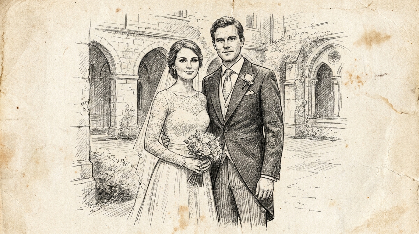 Pencil sketch-style wedding couple