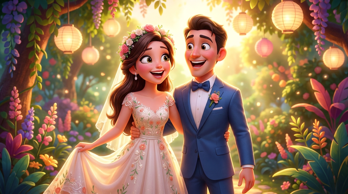 Pixar-style wedding couple