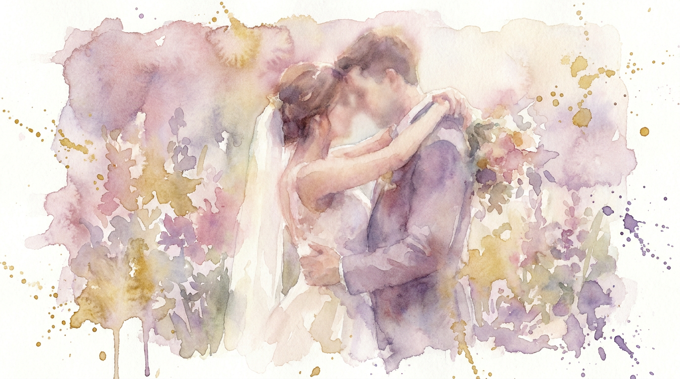 Watercolor-style wedding couple