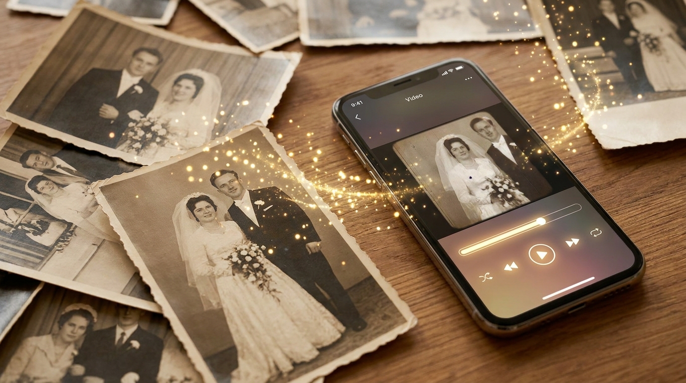 Photos transforming into AI generated wedding film