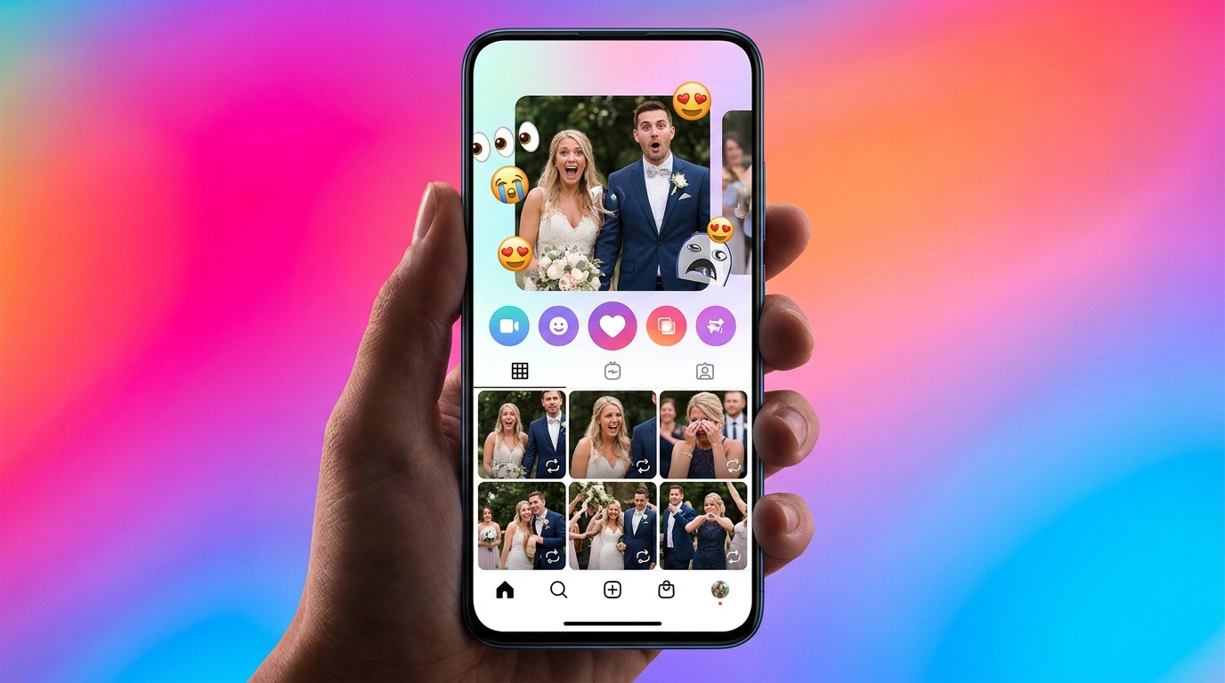 Smartphone showing wedding memes and GIFs