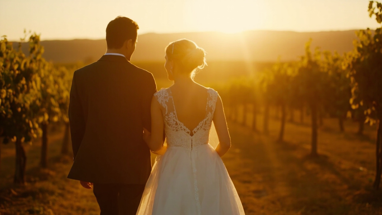 Wedding scene in vineyard at golden hour