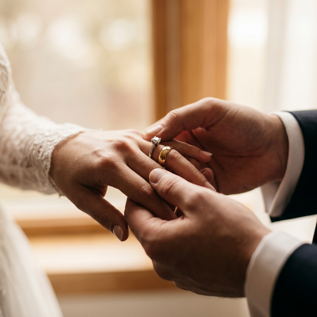Close-up of wedding ring exchange