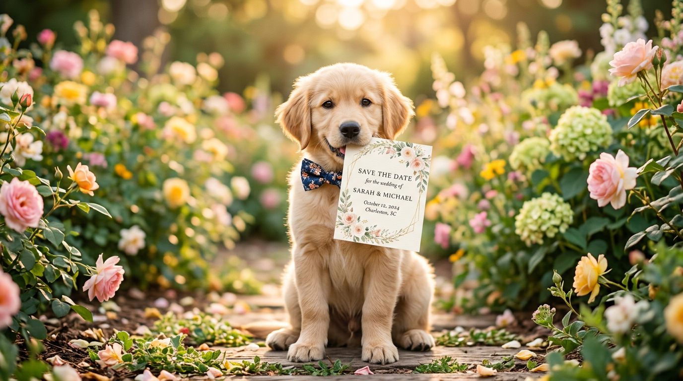 Pet holding a save the date card