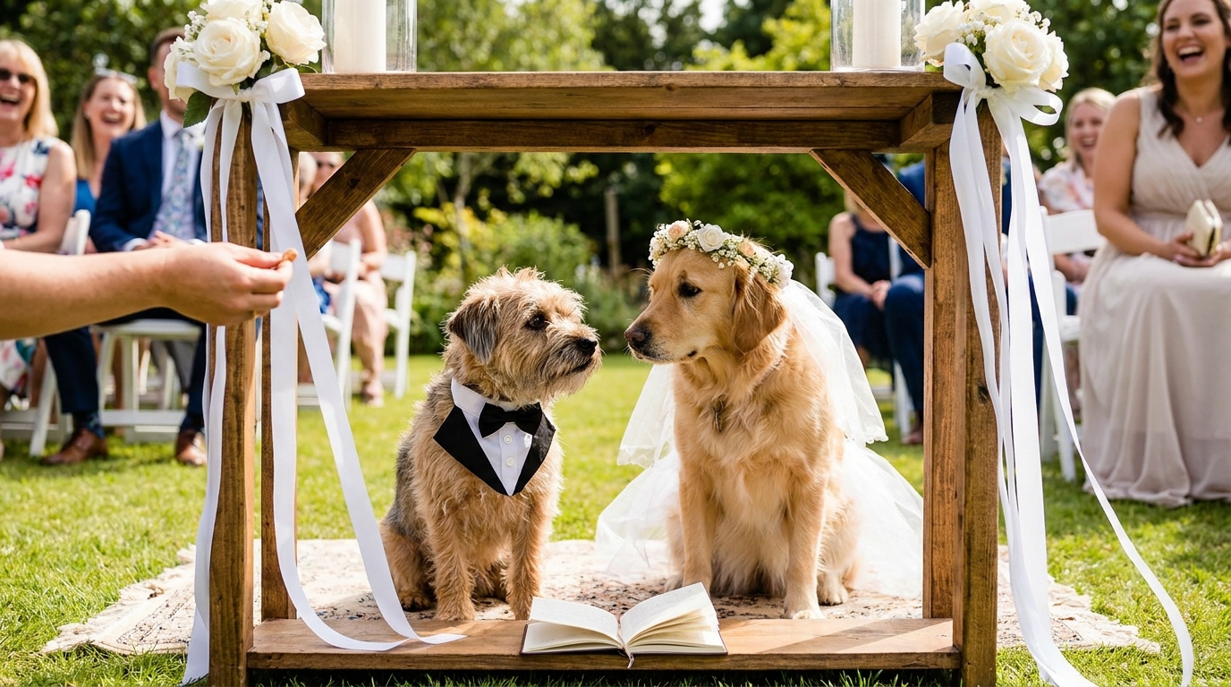 Two dogs at a wedding ceremony