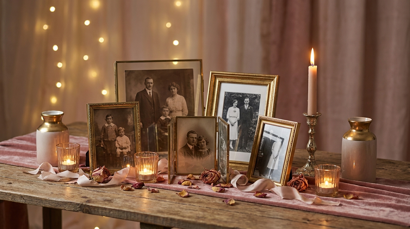 Arrangement of vintage family photographs with candlelight