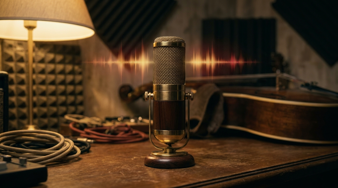 Vintage microphone with audio waveform